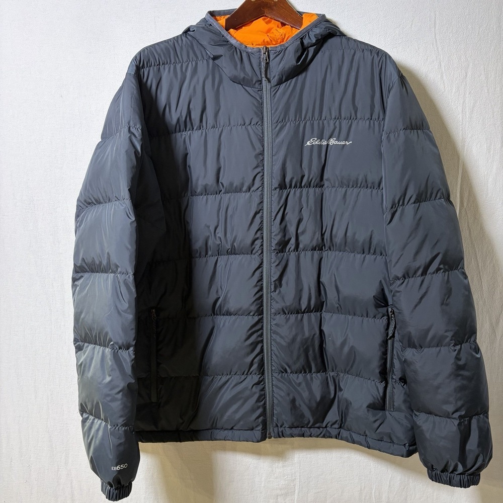 Eddie Bauer EB650 Down Jacket Men XXL Navy Blue Orange Puffer Quilted Hooded EUC